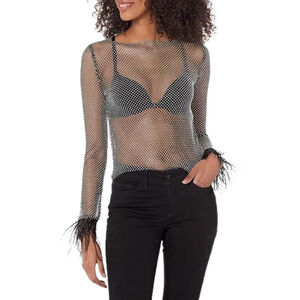 Steve Madden Charlize Mesh Crystal Embellished Feather Cuff Top Black NWT Size L